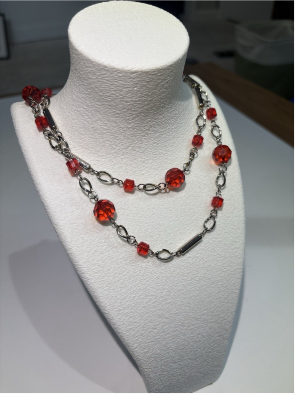 Red Faceted Bead Necklace Silver Tone Chain Station Costume Jewelry